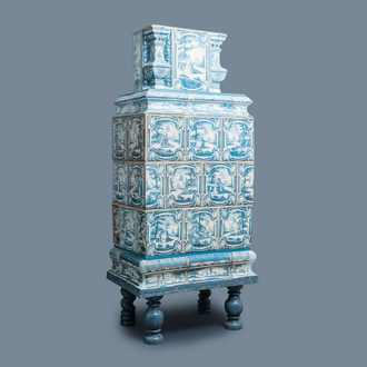 A composite stove with blue and white stove tiles, Nurnberg faience, Germany, 18th C.